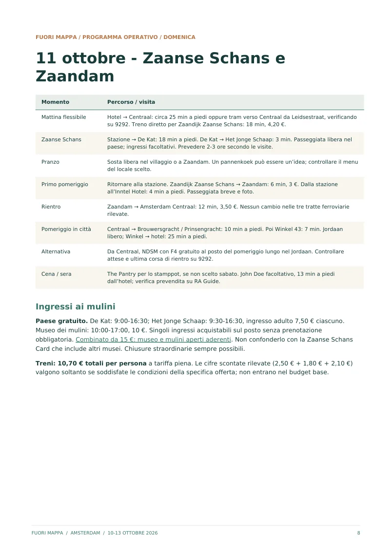 Tabella operativa di una giornata di viaggio
