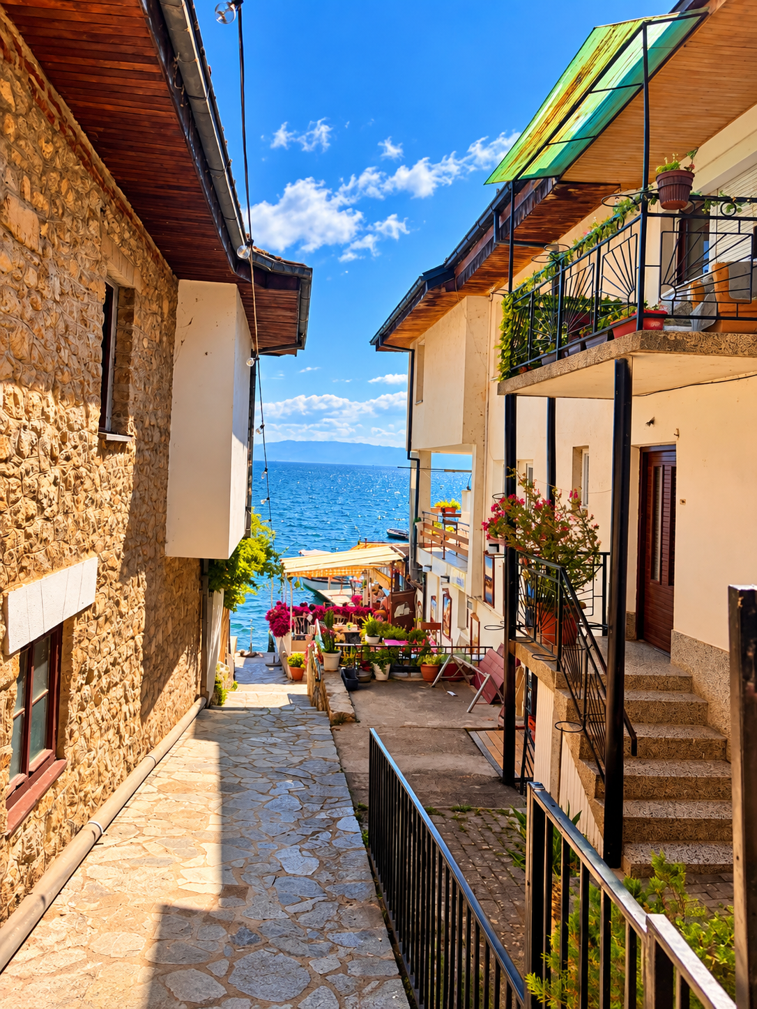 Vicoli di Ohrid con vista sul lago