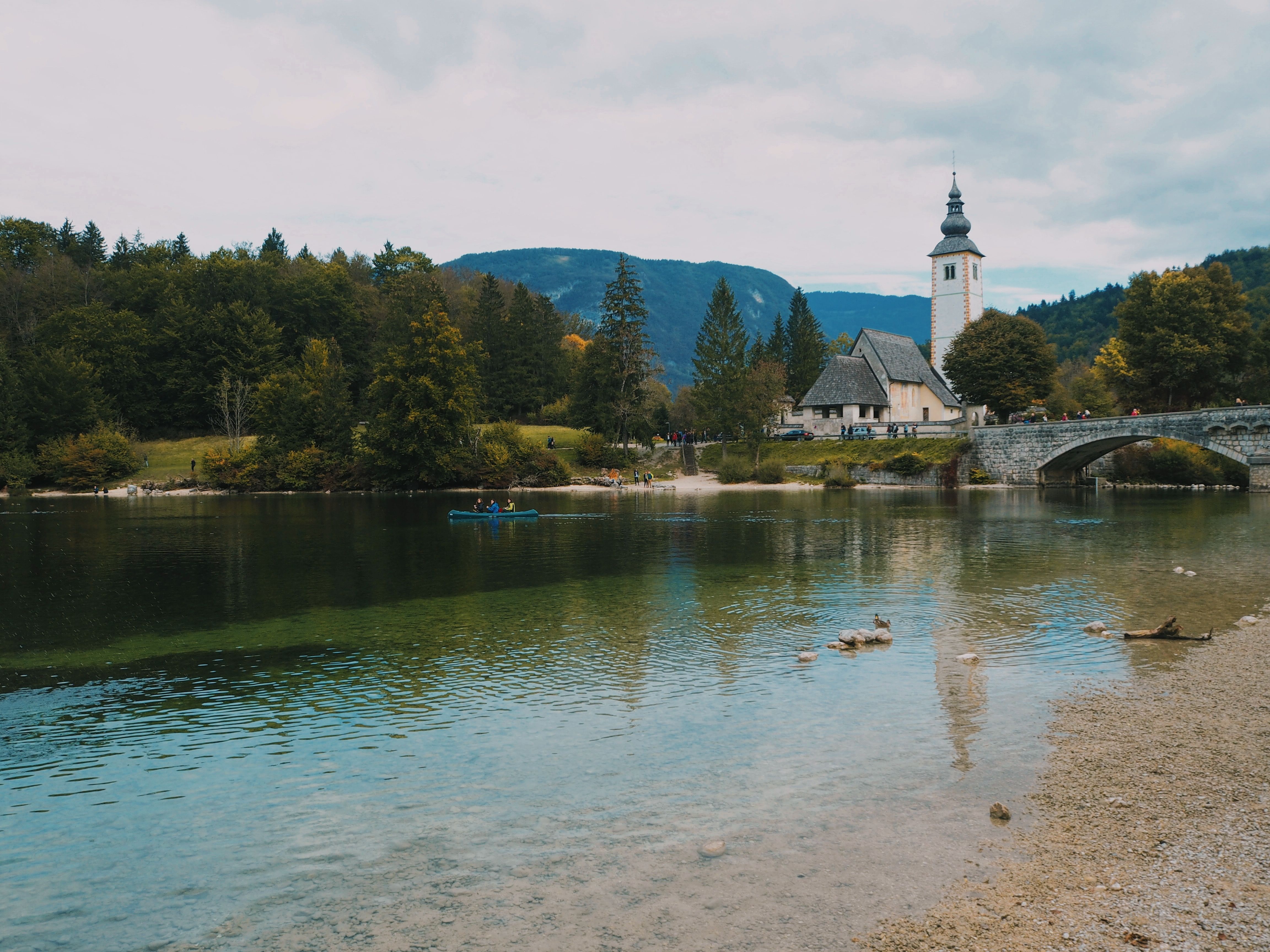 Lago di Bohinj circondato dalle Alpi Giulie in Slovenia